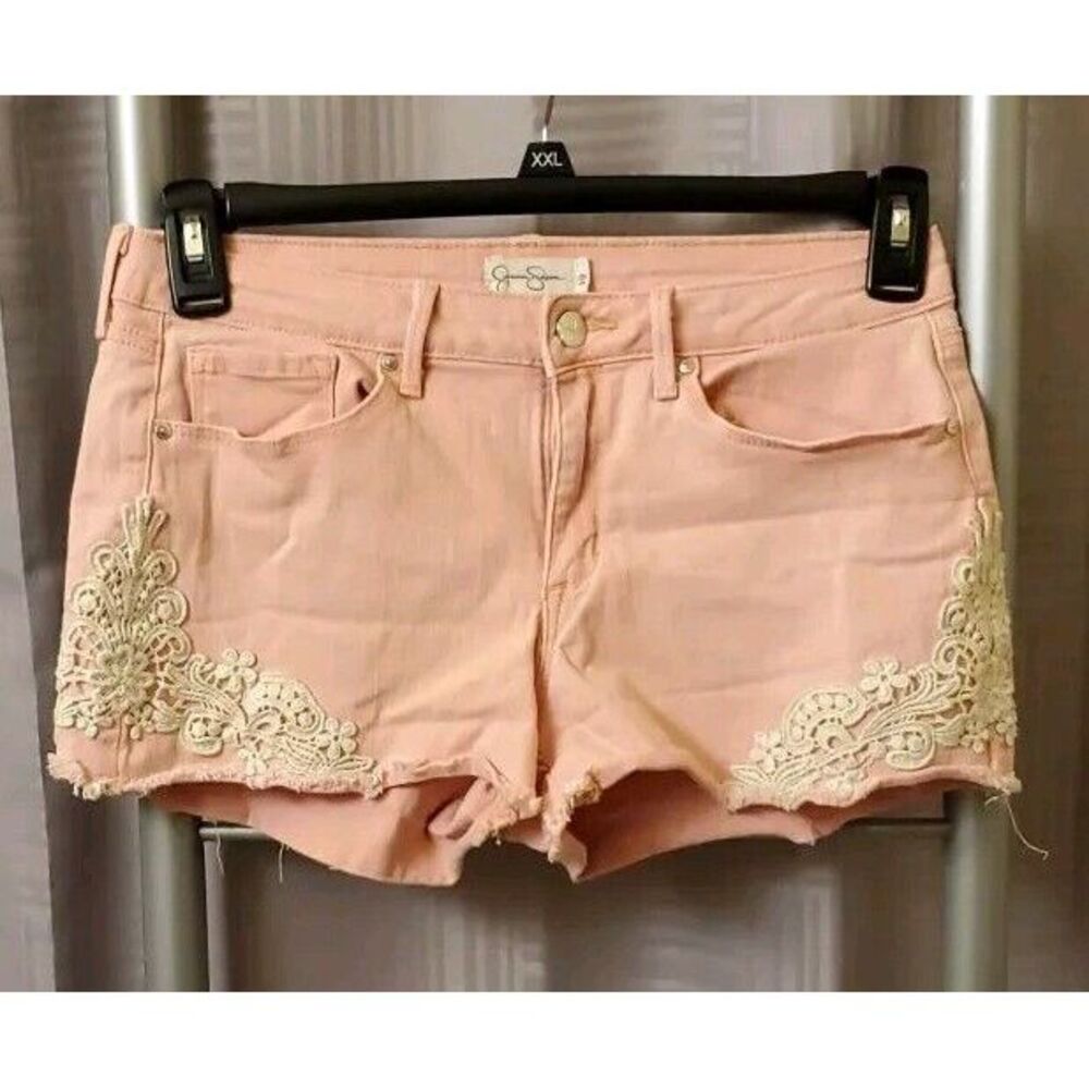 Jessica Simpson Cut Off Stretch Coral Denim Almond Lace Short Bottom Size 29
